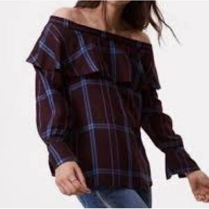LOFT Burgundy & Blue Plaid Off the Shoulder Blouse Ruffle Long Sleeve Women’s XS